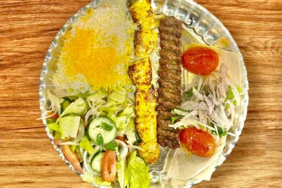 Combination Of Chicken Breast And Ground Beef Kabob (Koobideh) With Half Rice & Half Salad