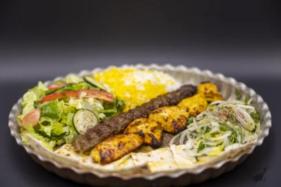 Combination Of Chicken Breast And Ground Beef Kabob (Koobideh) With Half Rice & Half Salad
