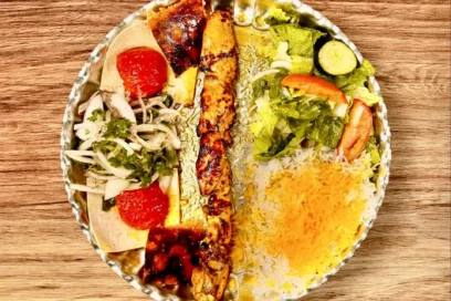 Chicken Thigh Kabob With Hallf Rice & Half Salad