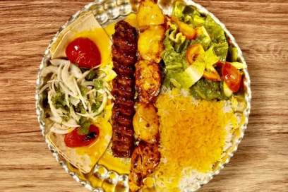 Combination Of Chicken Thigh And Ground Beef Kabob (Koobideh) With Half Rice & Half Salad