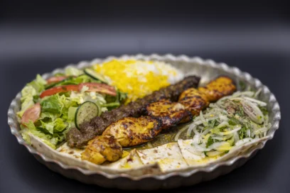 Combination Of Chicken Thigh And Ground Beef Kabob (Koobideh) With Half Rice & Half Salad